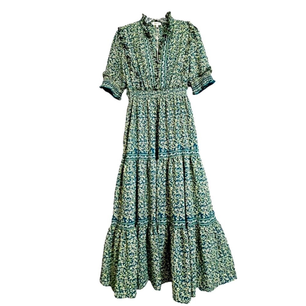 Max Studio Nwt Teal Green/Yellow Floral Puffed Sleeve Tiered Ruffled Max…